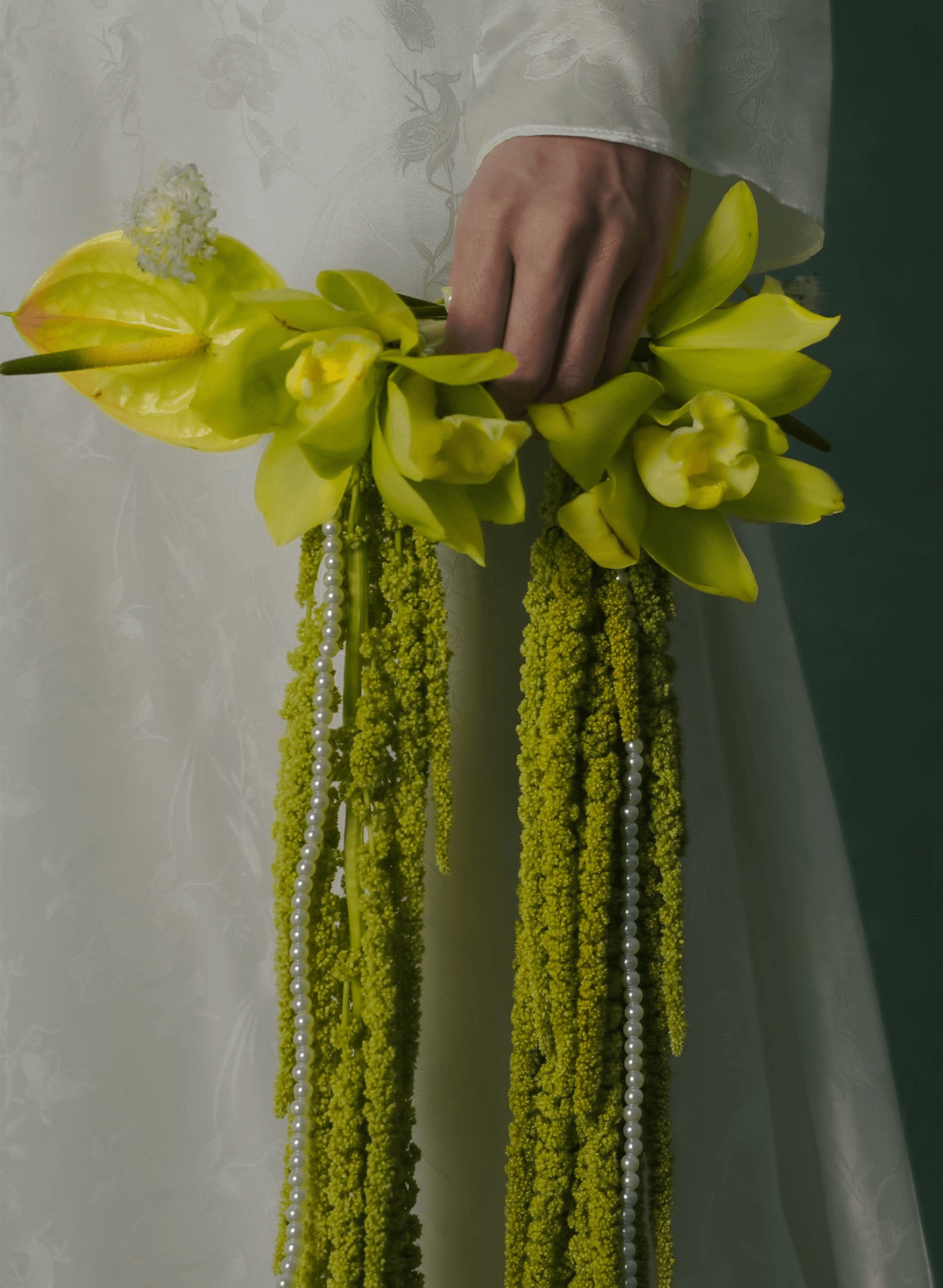 "Thien Kim Ao dai Set in white silk with beaded knot, traditional Vietnamese dress by Lalin."