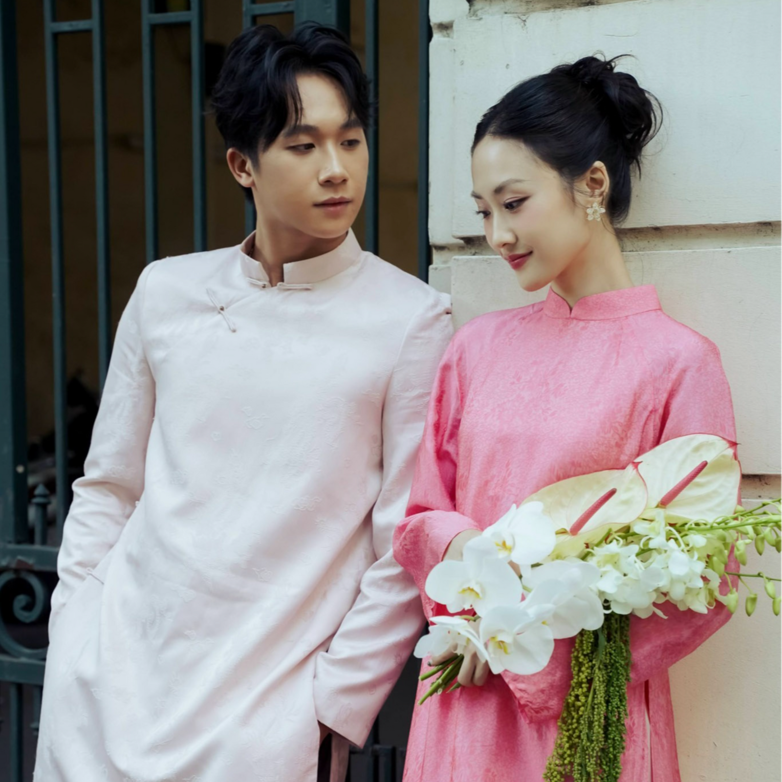 Vietnamese Ao Dai - Dao Cuc Ao Dai Set - Premium Natural Silk in Light Pink - styled presentation in pink by Lalin