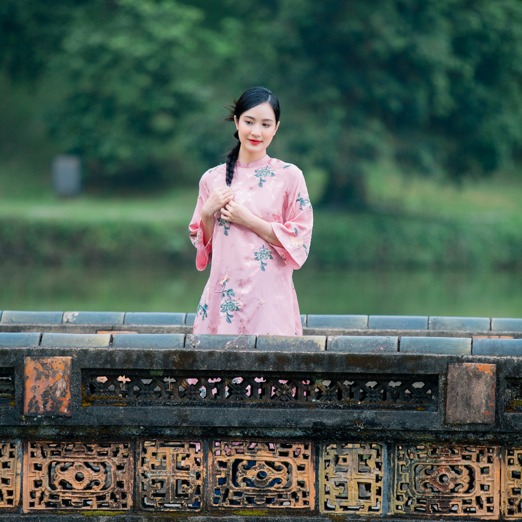 Vietnamese Ao Dai - Chau Hoa Ao Dai set - Embroidered Flowers on viscose - front view in silk in pink by Moc