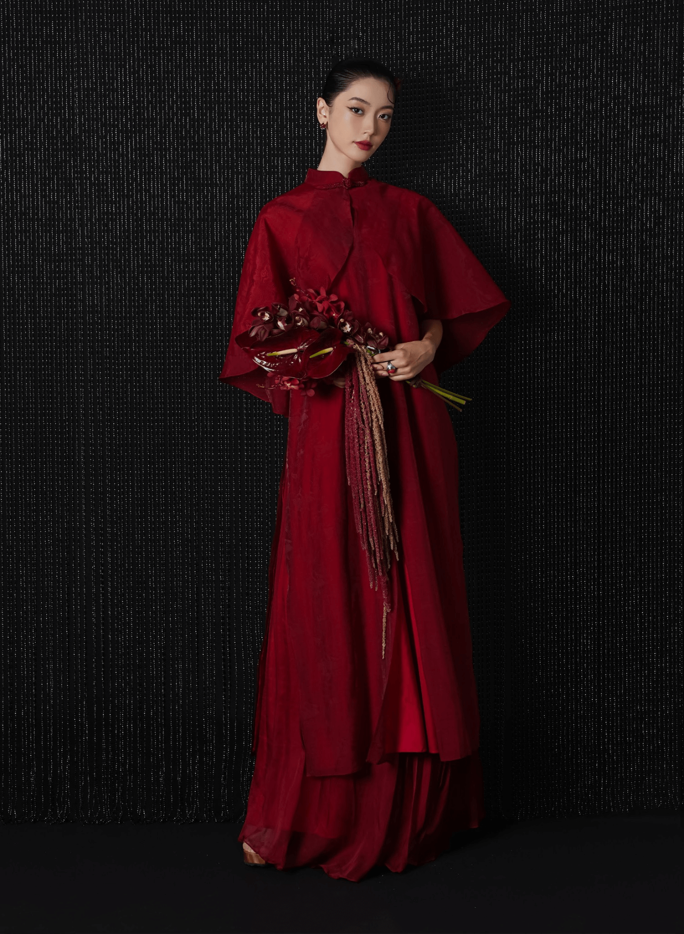 Vietnamese Ao Dai - Van Loan Halter Neck Ao dai Set - Premium Silk - front view in red by Lalin