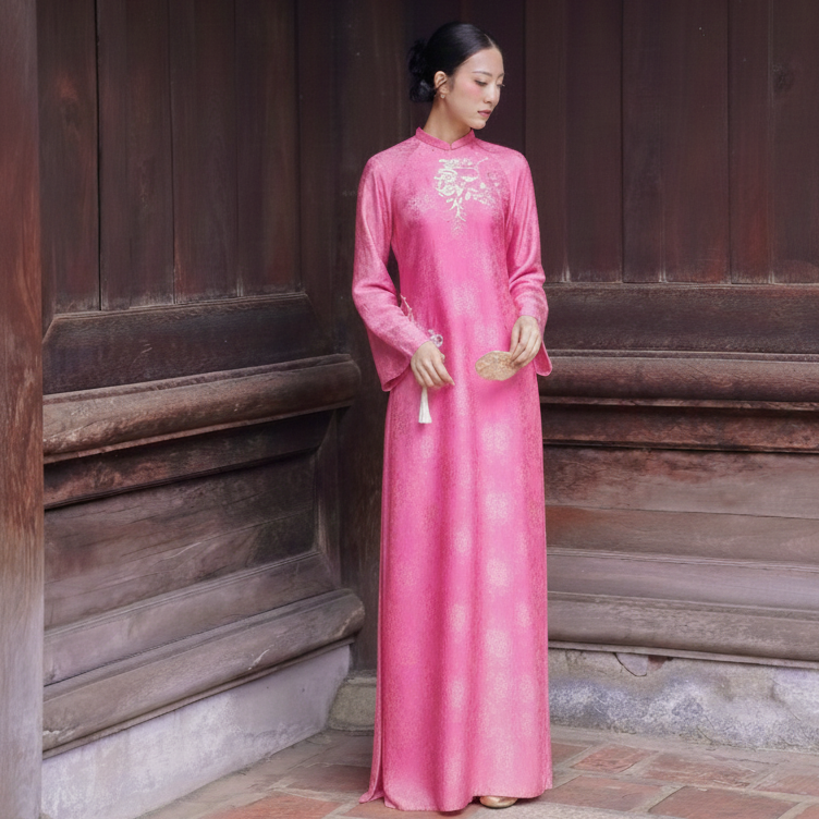 Vietnamese Ao Dai - Nha Chi Ao-Dai Set - Embroidered Wormsilk Áo Dài in Rose Pink - front view in pink by Tam