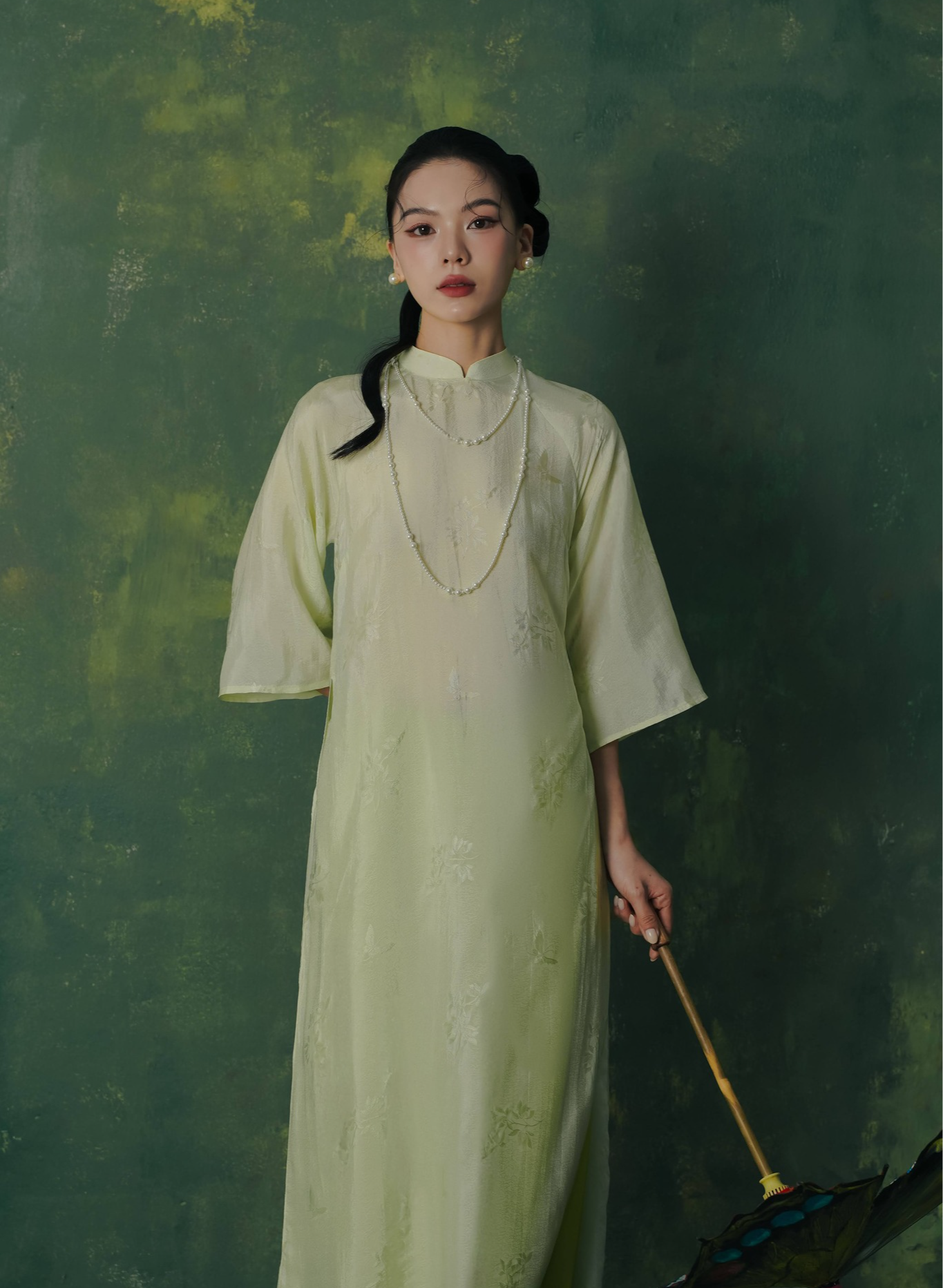 "Lan Ngoc Ao dai Set in light avocado silk, traditional Vietnamese dress by Lalin"