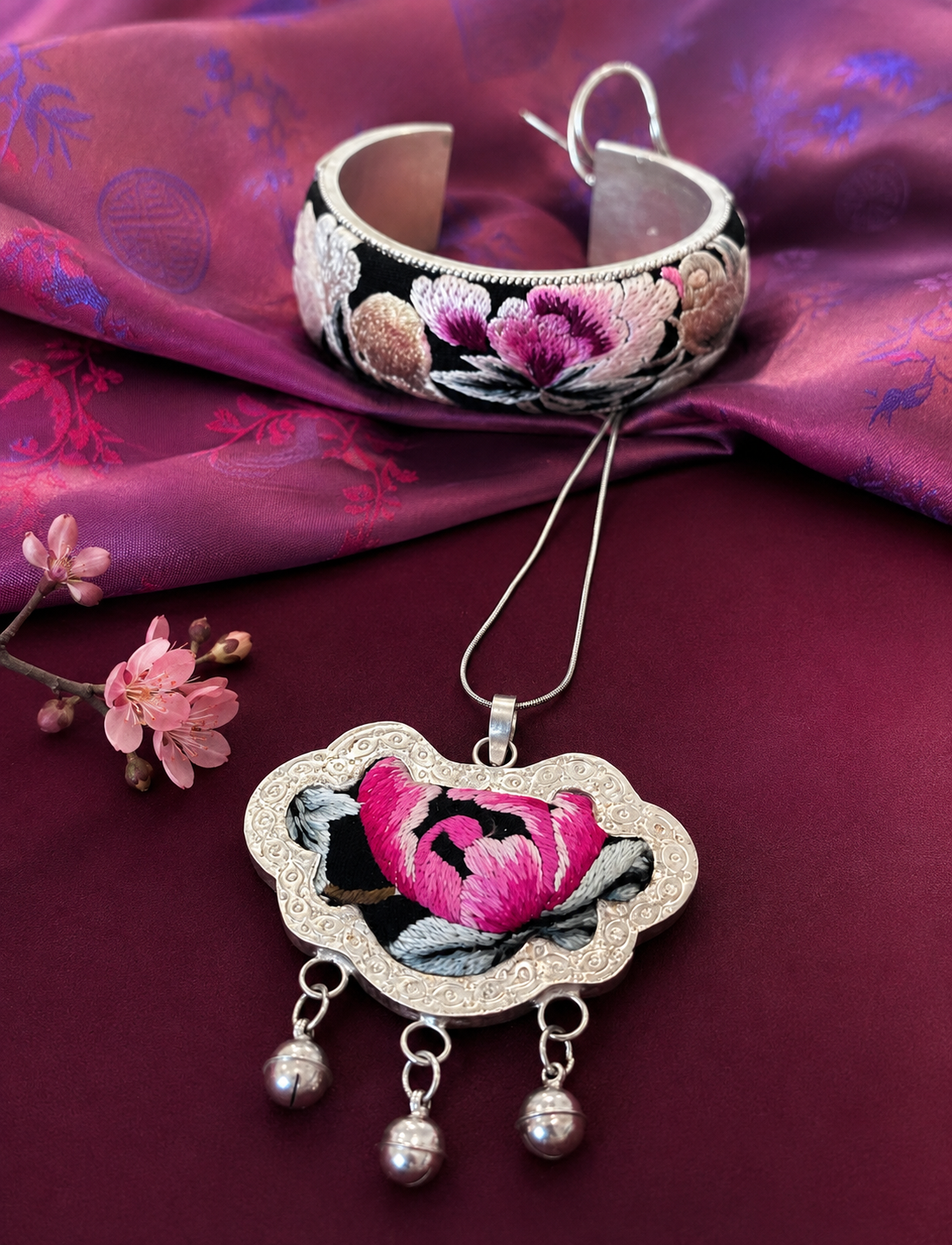 “Peony Blessing” – Miao Silver & Hand-Embroidered Pendant