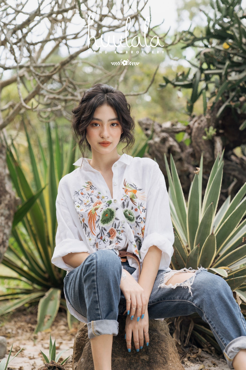 "Zoya embroidered linen shirt in white with green floral patterns, Vietnamese style by Huulala."
