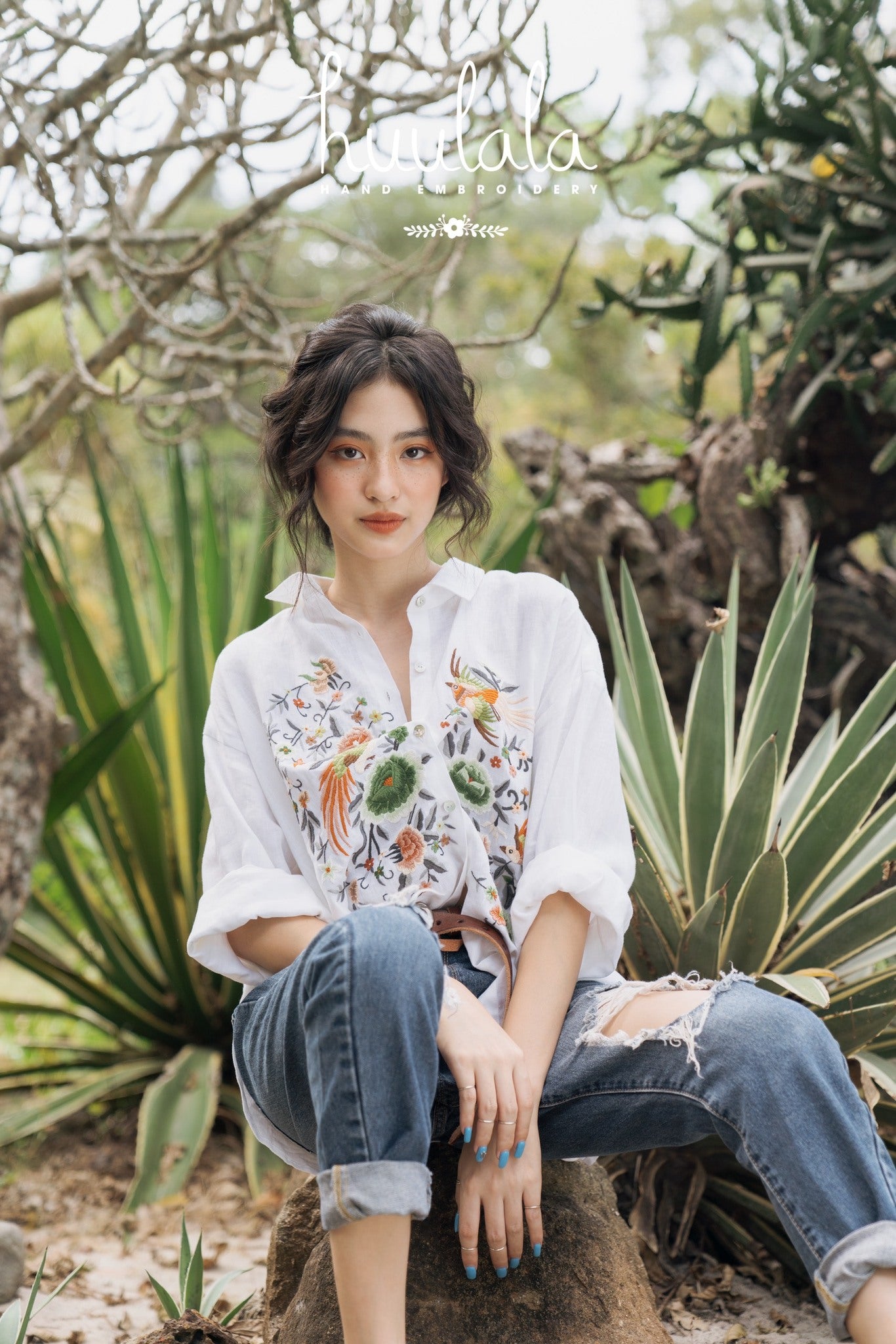 "Zoya embroidered linen shirt in white with green floral patterns, Vietnamese style by Huulala."