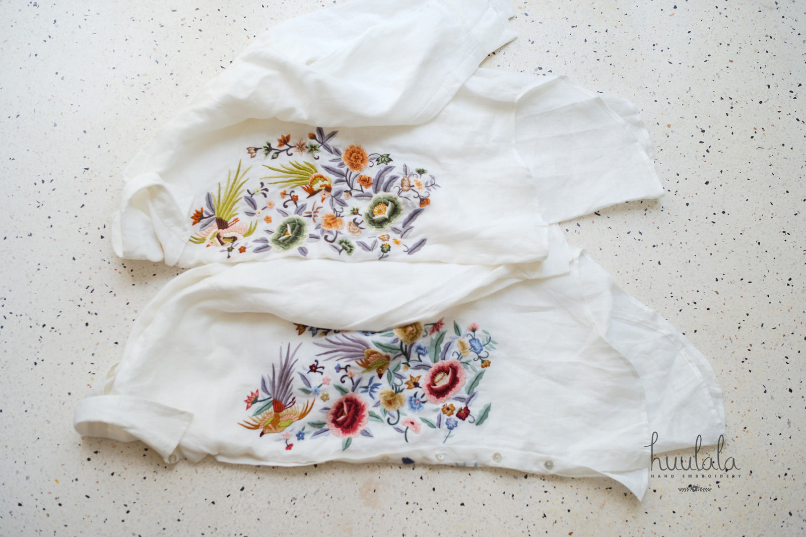 Vietnamese Embroidery - Zoya - Embroidered Linen shirt in White (Pink tone embroidery) - flat lay display in white by Huulala