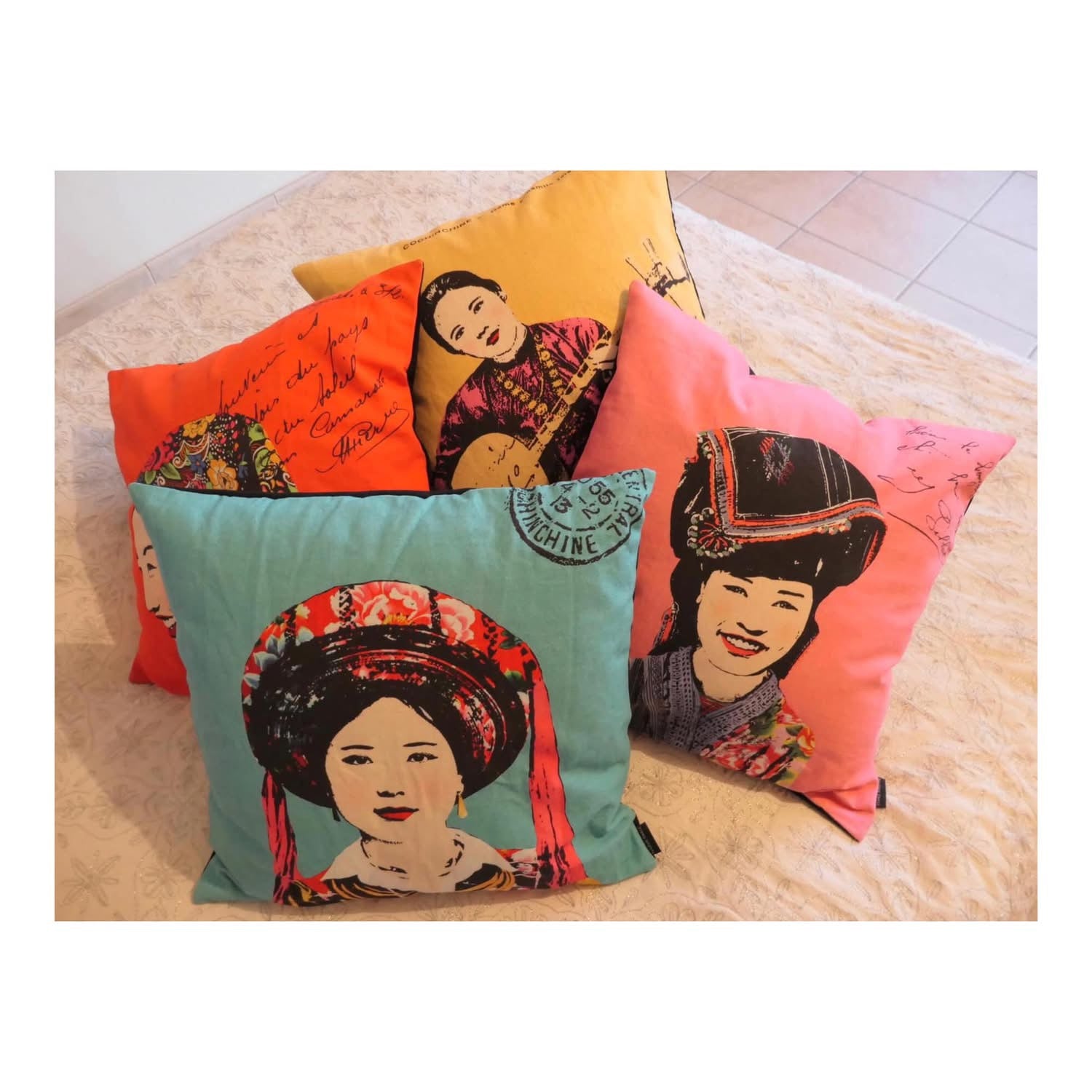 Heritage Portrait Cushion Covers – 45x45 cm - Miss Anh (Yellow) - flat lay display by Bat-trang