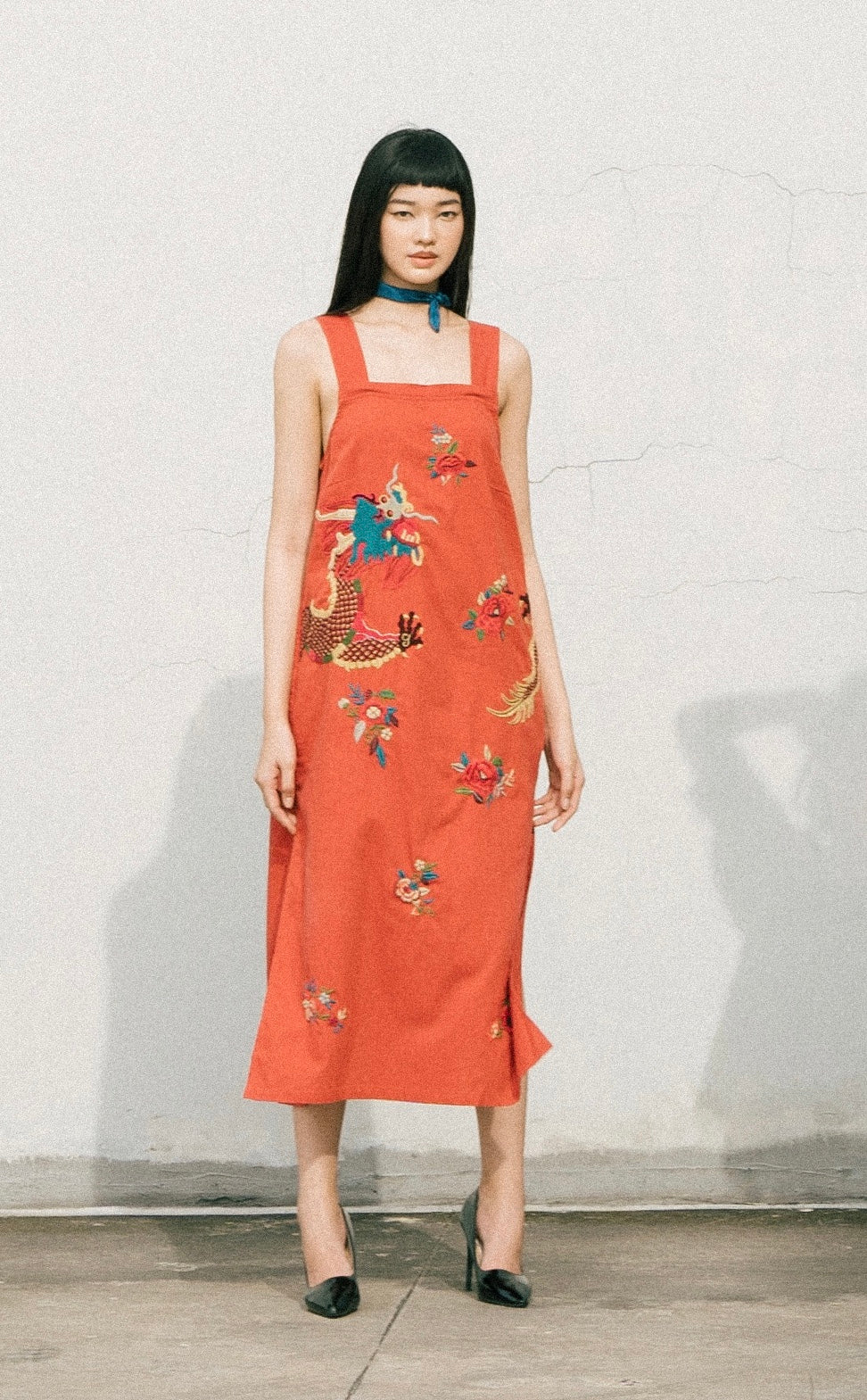 Vietnamese Embroidery - “Dreaming Dragon” Embroidered Linen Dress in Brick color - front view in cotton in red by Huulala