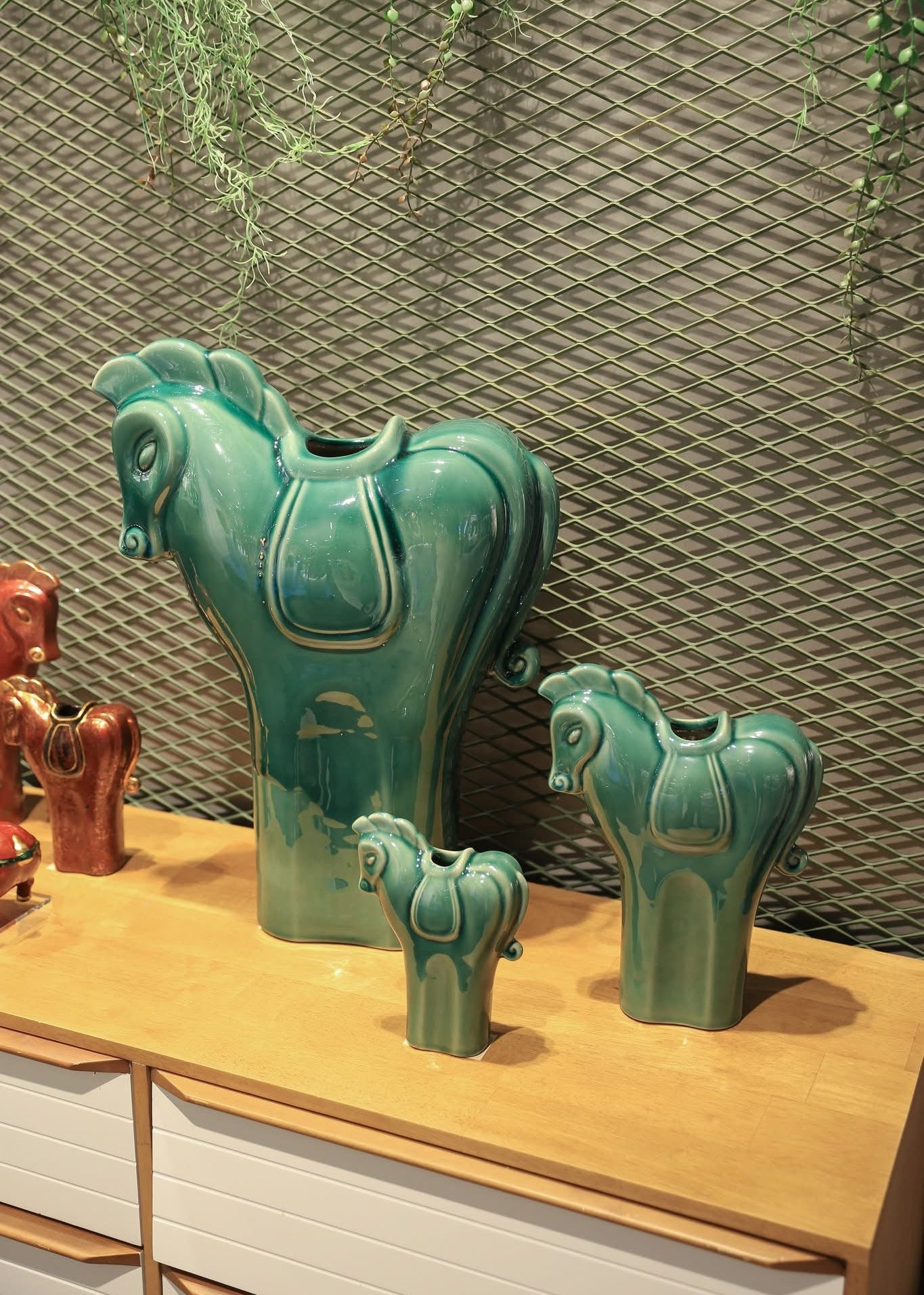 Traditional Pattern - Gallop of Fortune – Ceramic Horse Vase / Decor - front view in teal by Sa Maison