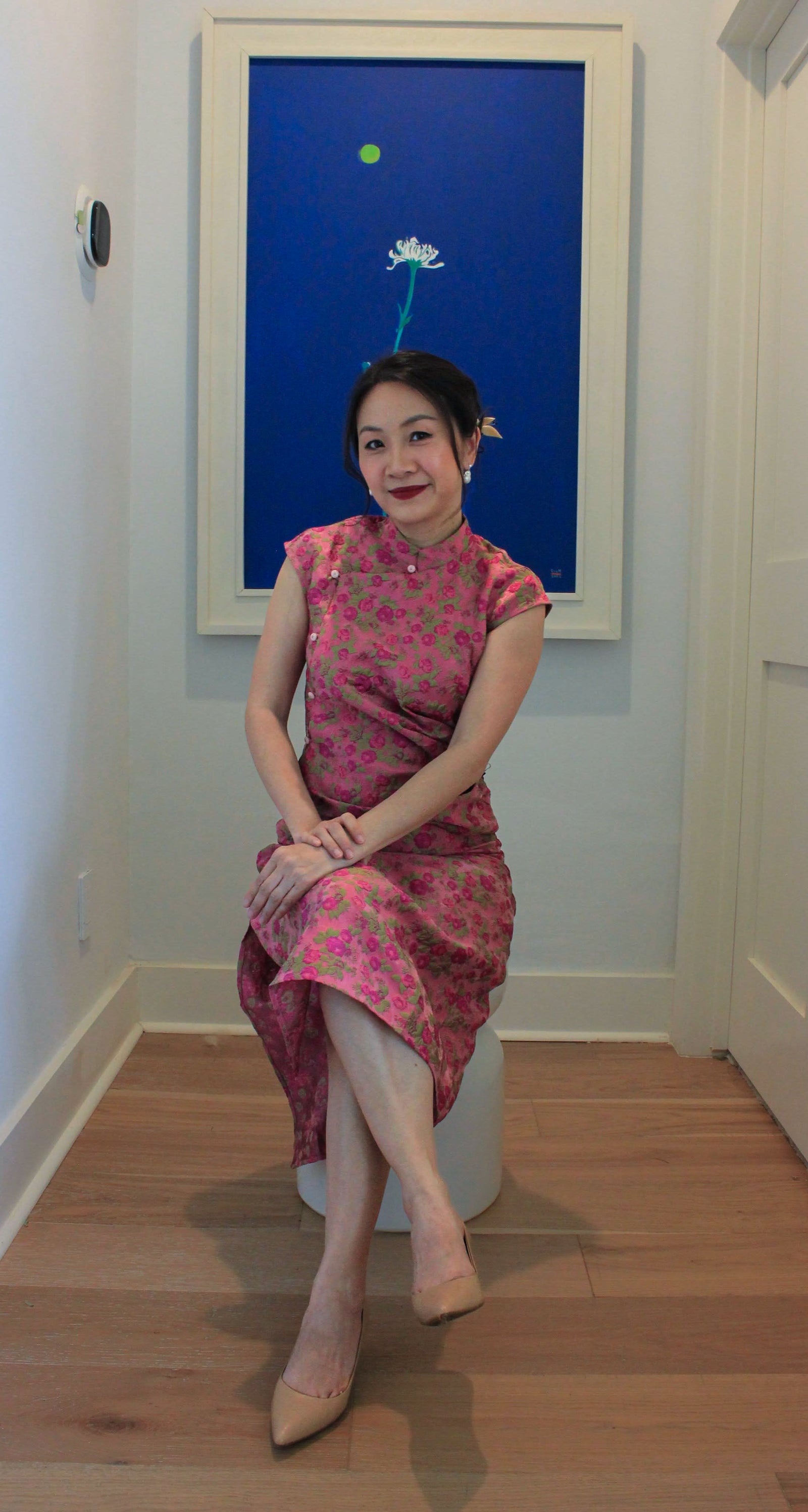 Vietnamese Ao Dai - Hương Trầm - Sleeveless Brocade Cheongsam - front view in silk in pink by Hy Phuong