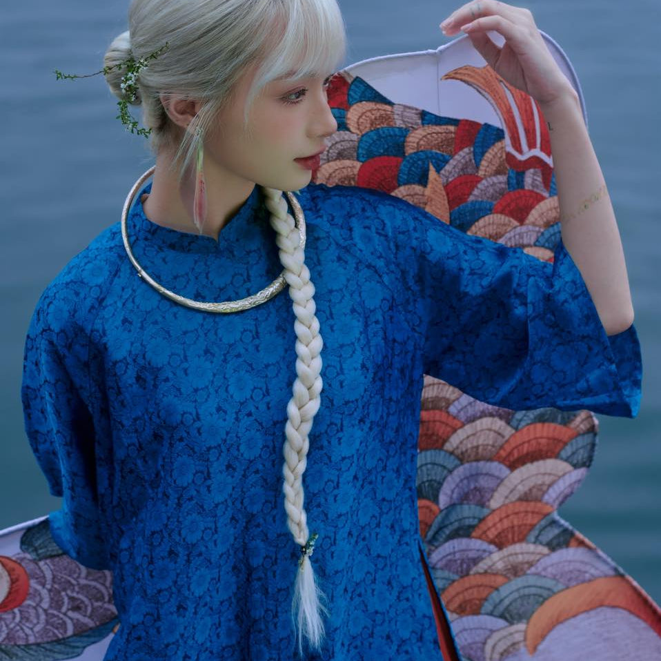 Vietnamese Embroidery - Cuc Hoa Ao Dai set - Wormsilk in Saphire [Modern cut] - front view in brocade in blue by Moc