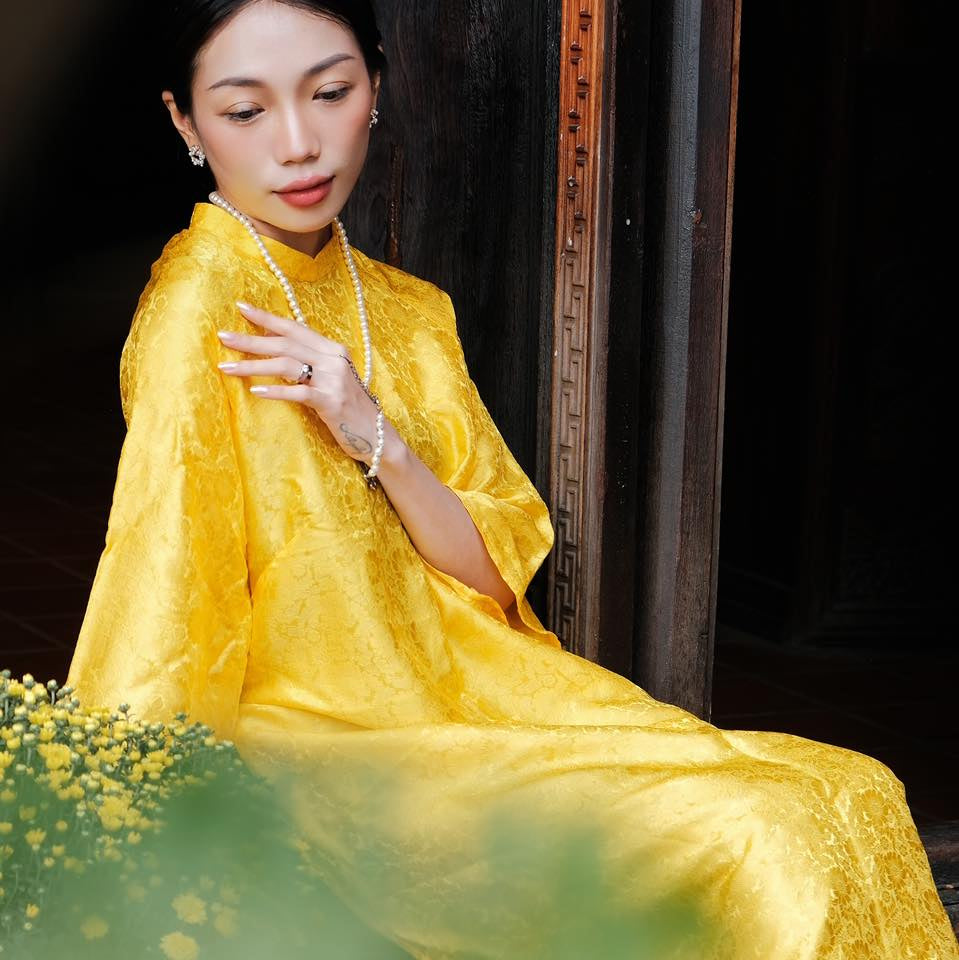 "Cuc Hoa Ao Dai set in yellow wormsilk, traditional Vietnamese dress by Moc"
