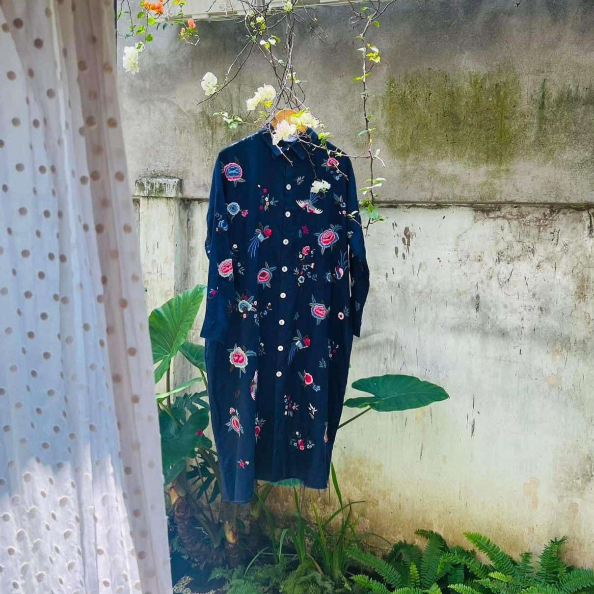 "Midnight Garden Embroidered Coat in Indigo by Huulala, artisan floral design, red accents"