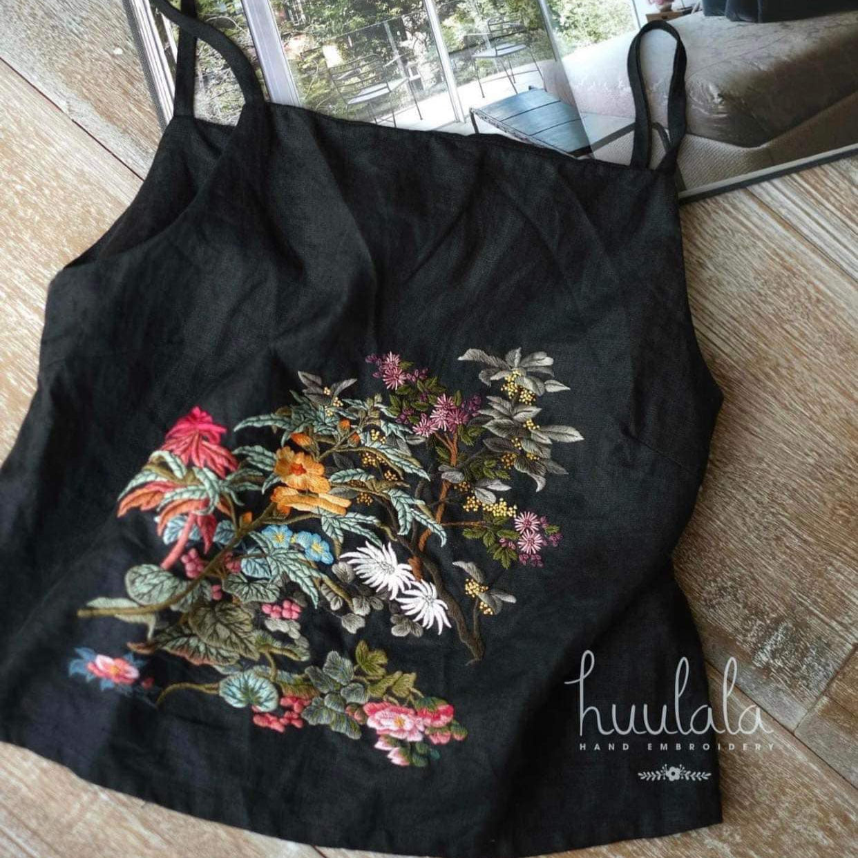Vietnamese Embroidery - Minh - Hand-Embroidered Linen Tank Top - flat lay display in black by Huulala