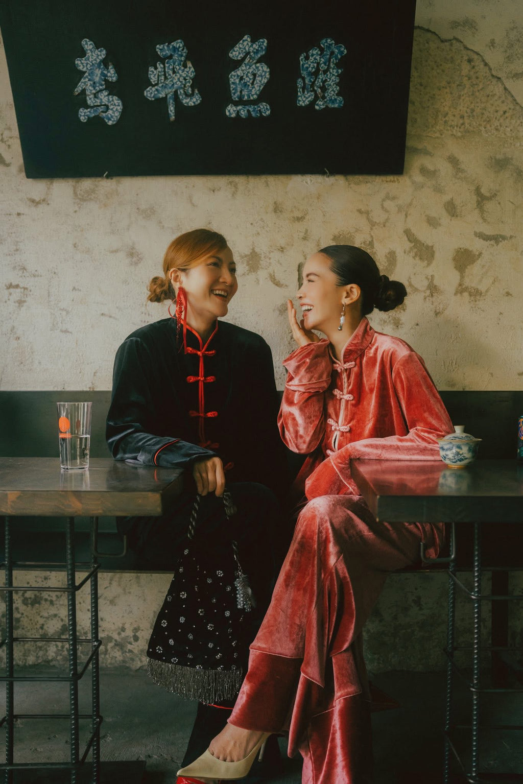 Vietnamese Ao Dai - Xuân Mãn” – Snow Velvet Set in Midnight Black - styled presentation in red by SY Design