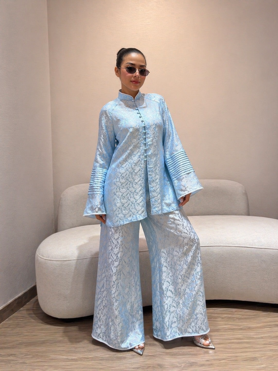 “Celestial Silk” – Wormsilk Modern Áo Bà Ba in Sky Blue with Pleated Sleeve - front view by Ngoc Bui