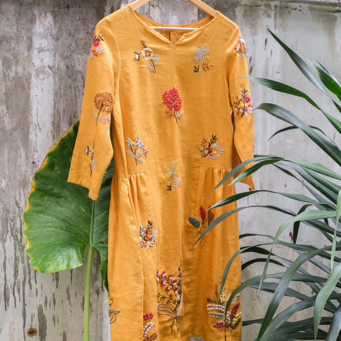 Vietnamese Embroidery - Mimosa - Embroidered Linen dress - front view in cotton in yellow by Huulala