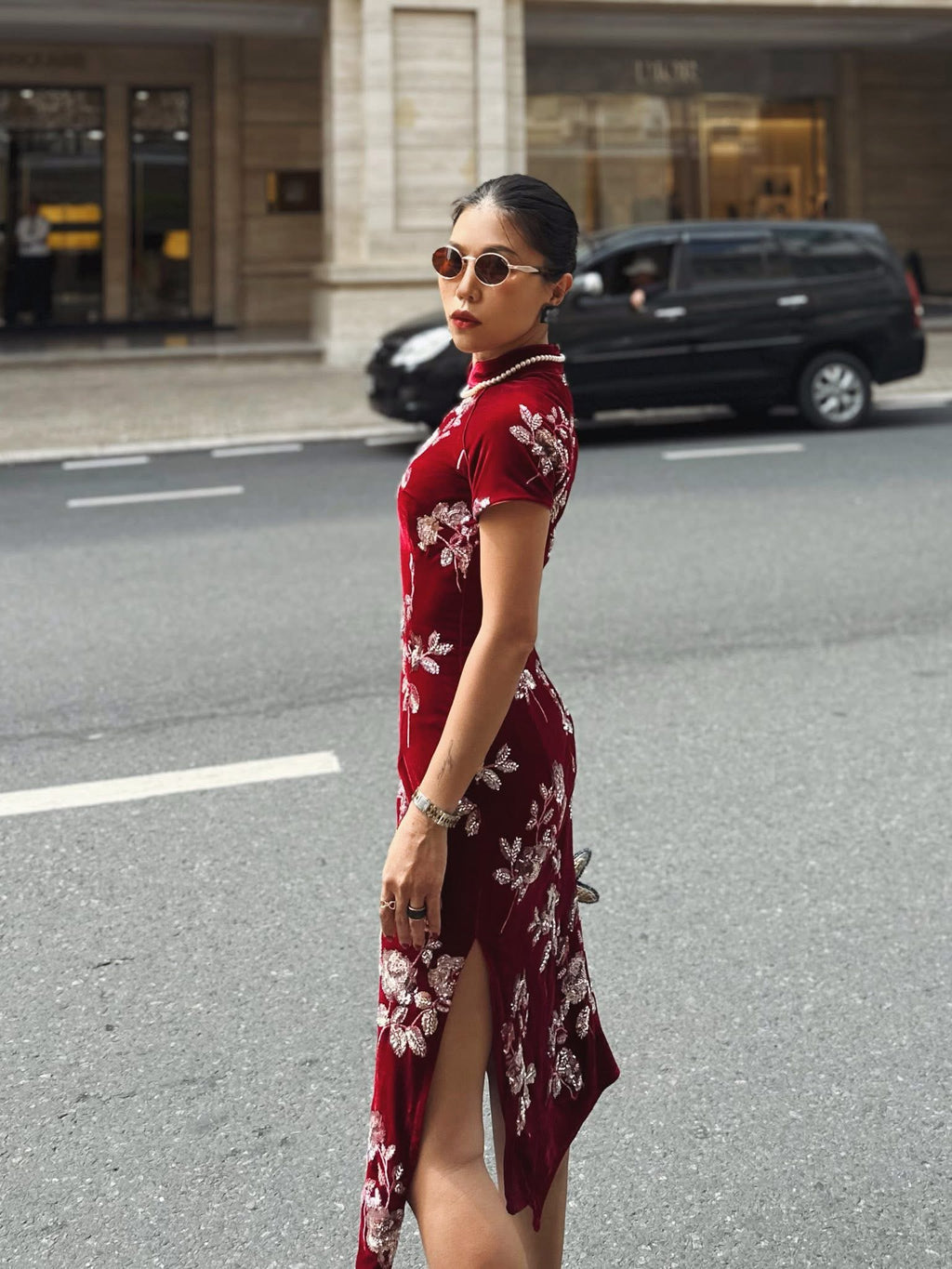 Vietnamese Embroidery - Crimson Peony Cheongsam - Velvet in Deep Red with embellishments - side profile in red by Saang
