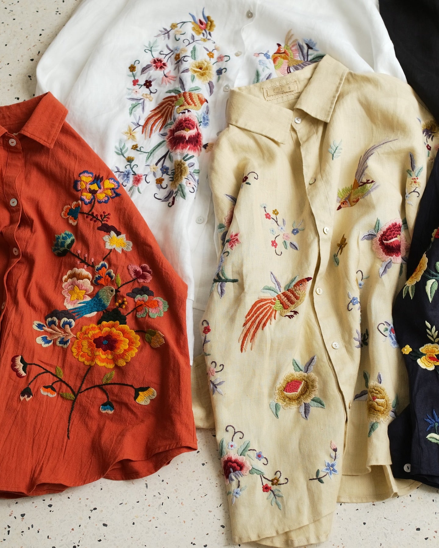 Vietnamese Embroidery - Sophie - Embroidered Linen shirt - flat lay display in orange by Huulala