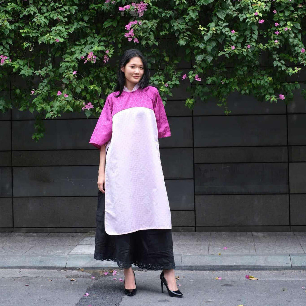 "Royal Heritage Limited Edition two-toned pink Ao Dai by Huulala, traditional Vietnamese dress in jacquard fabric."