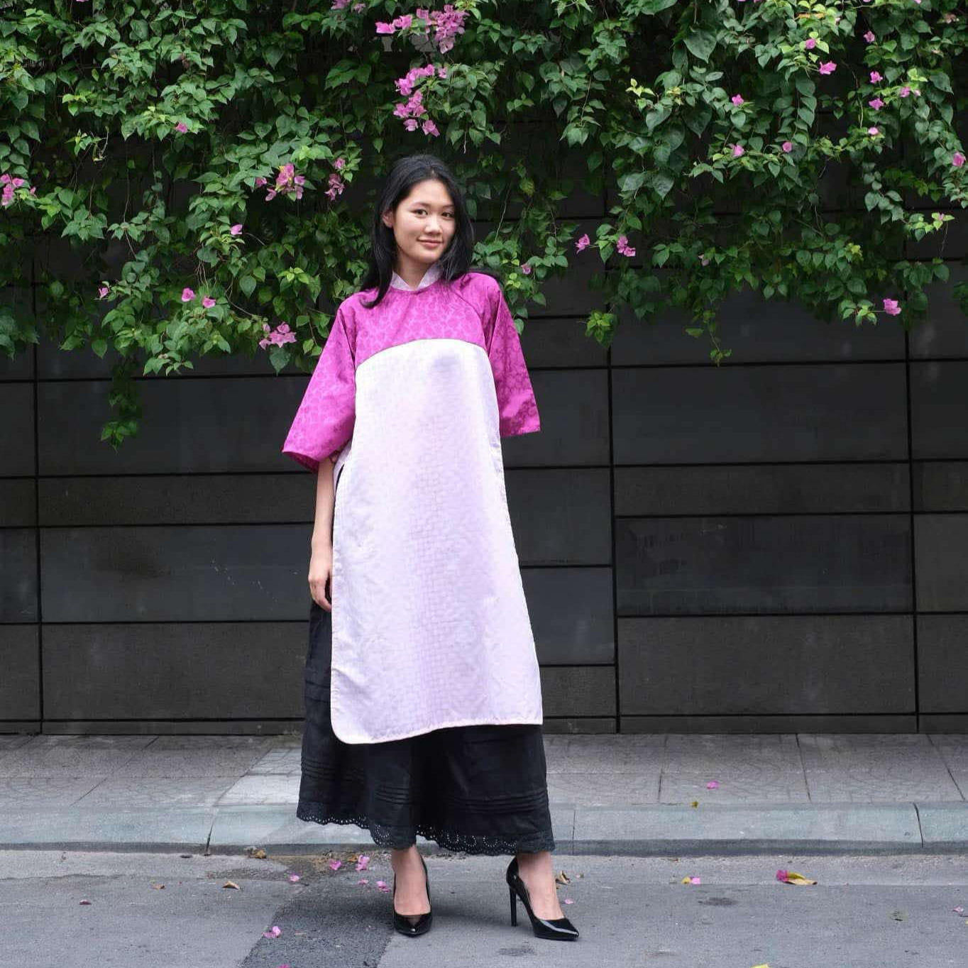 "Royal Heritage Limited Edition two-toned pink Ao Dai by Huulala, traditional Vietnamese dress in jacquard fabric."