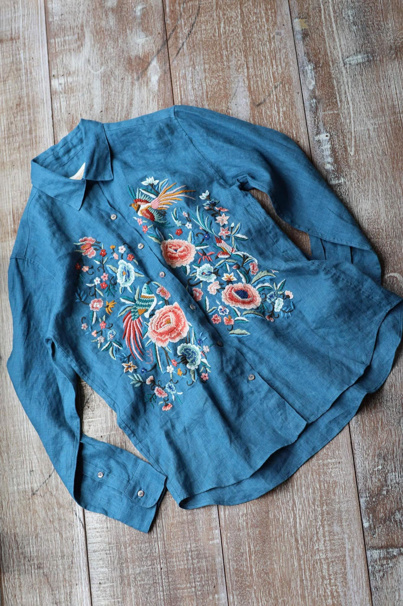 "Zoya Limited Edition Teal Linen Shirt by Huulala with Vietnamese Floral Embroidery"