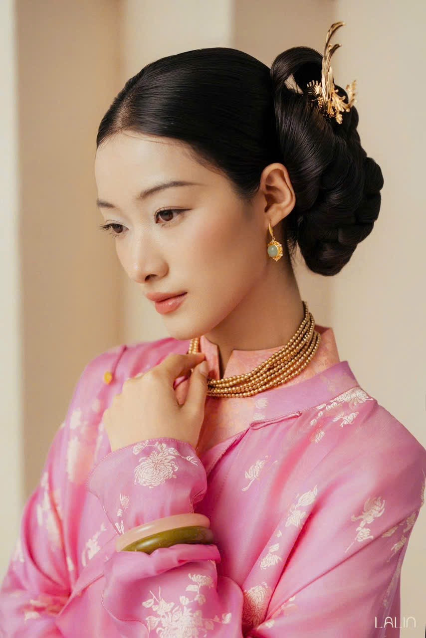 Cam Giao Ao-dai Set – Luxury Double-layer Hand-Embroidered WormSilk in Pink [Wedding Collection] by Lo Boutique - side view highlighting elegant silhouette and luxury fabric, premium Vietnamese wormsilk clothing