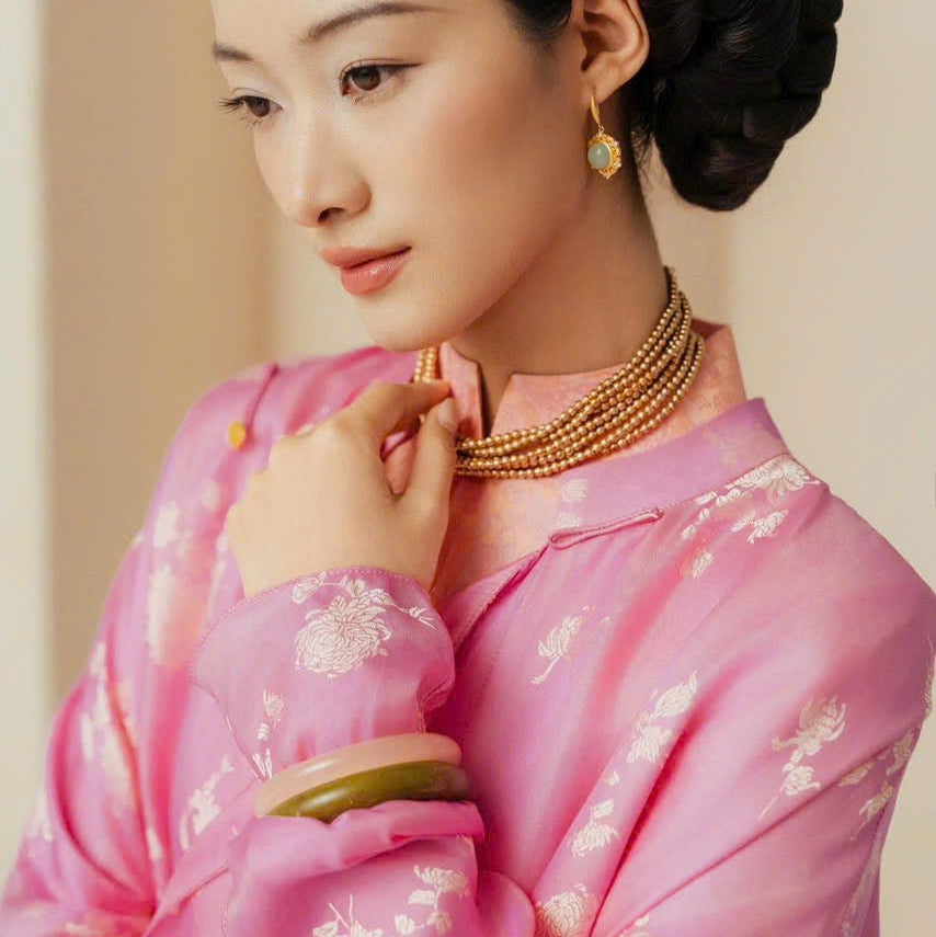 Cam Giao Ao-dai Set – Luxury Double-layer Hand-Embroidered WormSilk in Pink [Wedding Collection] by Lo Boutique - side view highlighting elegant silhouette and luxury fabric, premium Vietnamese wormsilk clothing