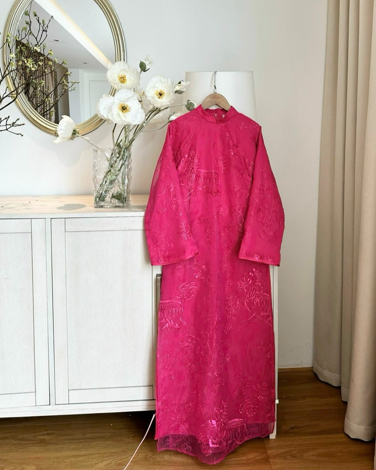 "Yen Son magenta Ao dai set, silk jacquard with floral embroidery, traditional Vietnamese dress"