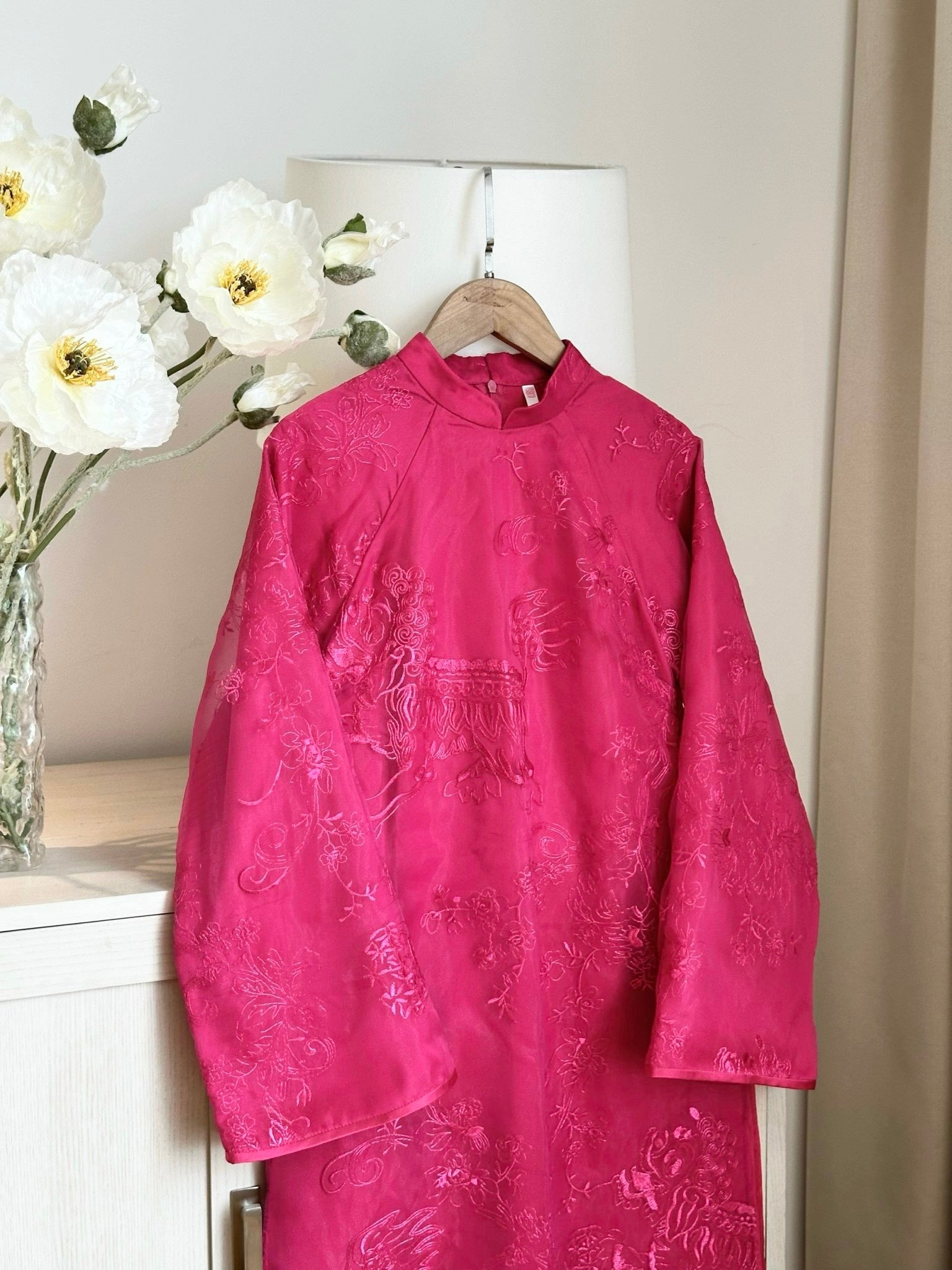 "Yen Son" magenta Ao Dai set, silk jacquard with floral embroidery, traditional Vietnamese dress.