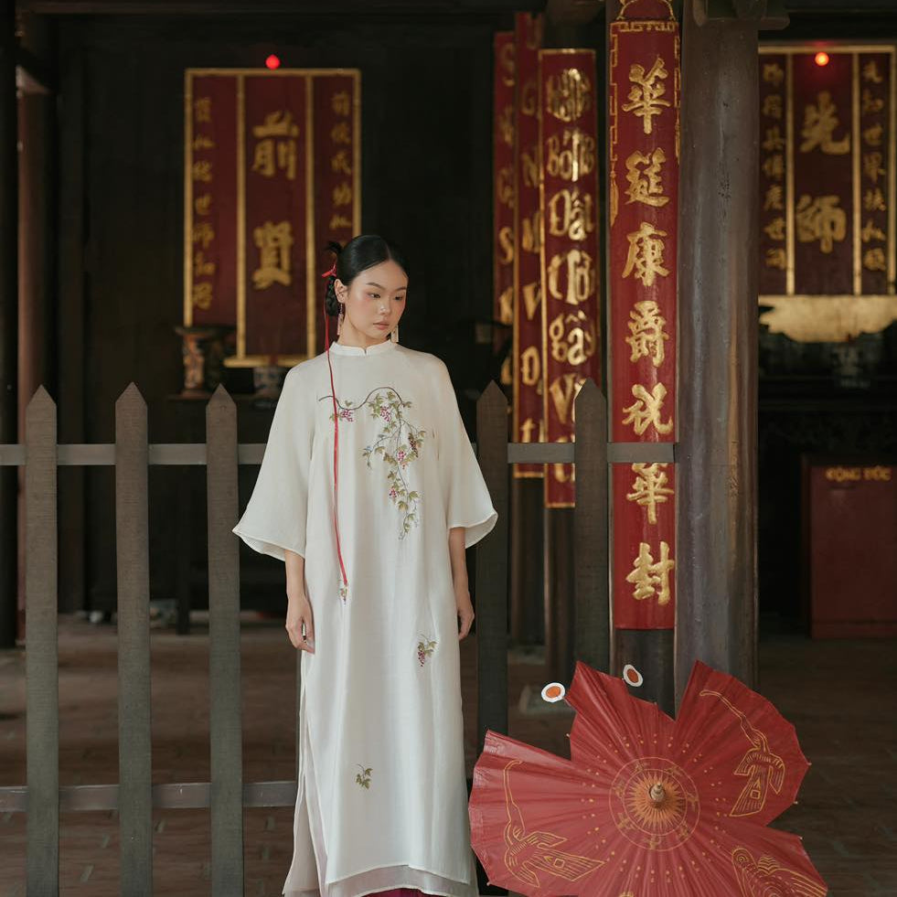 Tuong Van Ao Dai Set - Embroidered Chiffon in White / Purple Pants [Modern cut] - front view by Moc