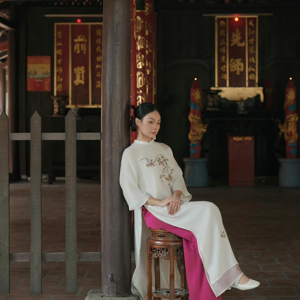 Tuong Van Ao Dai Set - Embroidered Chiffon in White / Purple Pants [Modern cut] - styled presentation by Moc