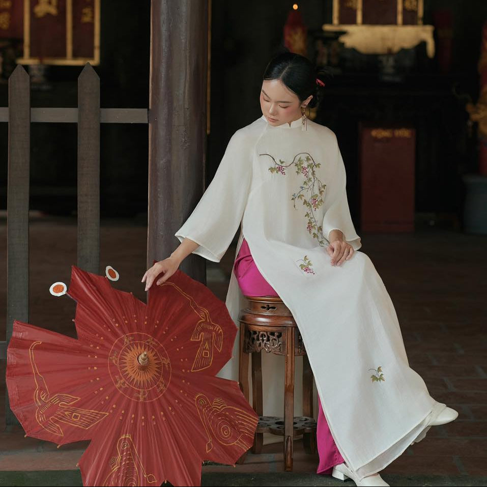 Tuong Van Ao Dai Set - Embroidered Chiffon in White / Purple Pants [Modern cut] - styled presentation by Moc