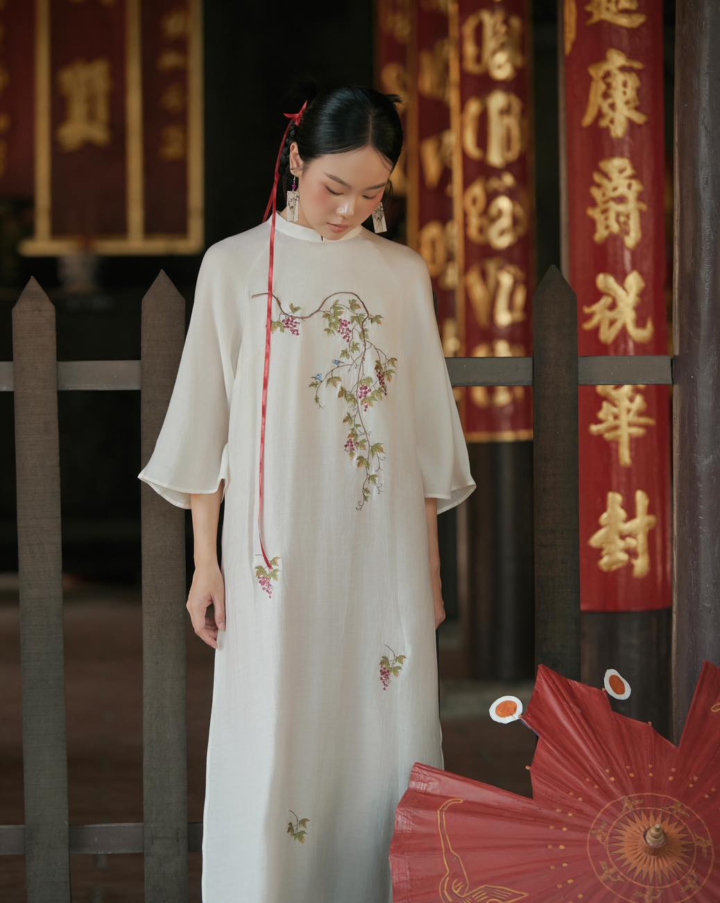 Tuong Van" Ao Dai Set - Embroidered Chiffon in White / Purple Pants - Close-up - Authentic Vietnamese fashion details