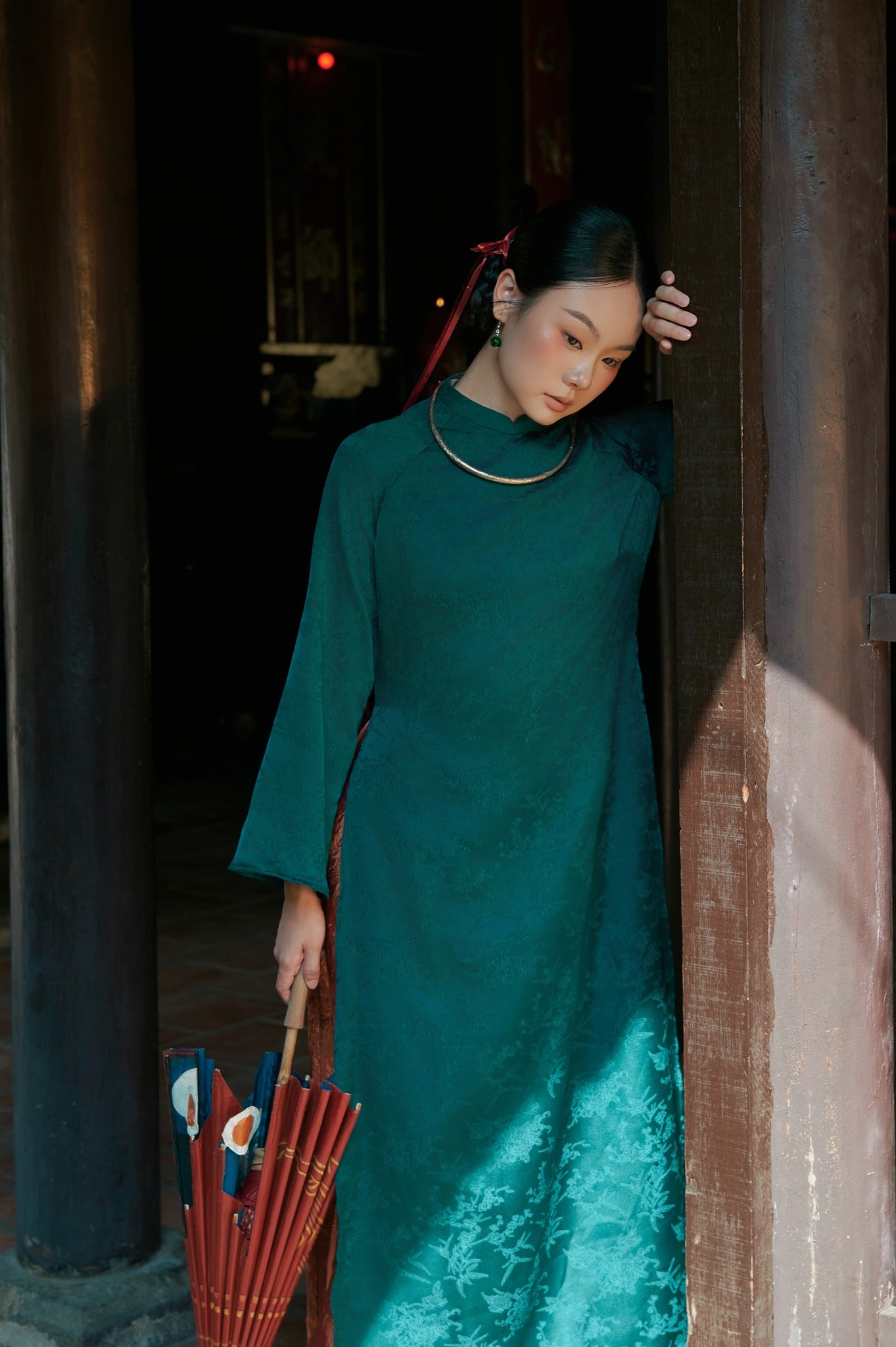 "Truc Khue Ao Dai set in Peacock by Moc, red jacquard, traditional Vietnamese dress"