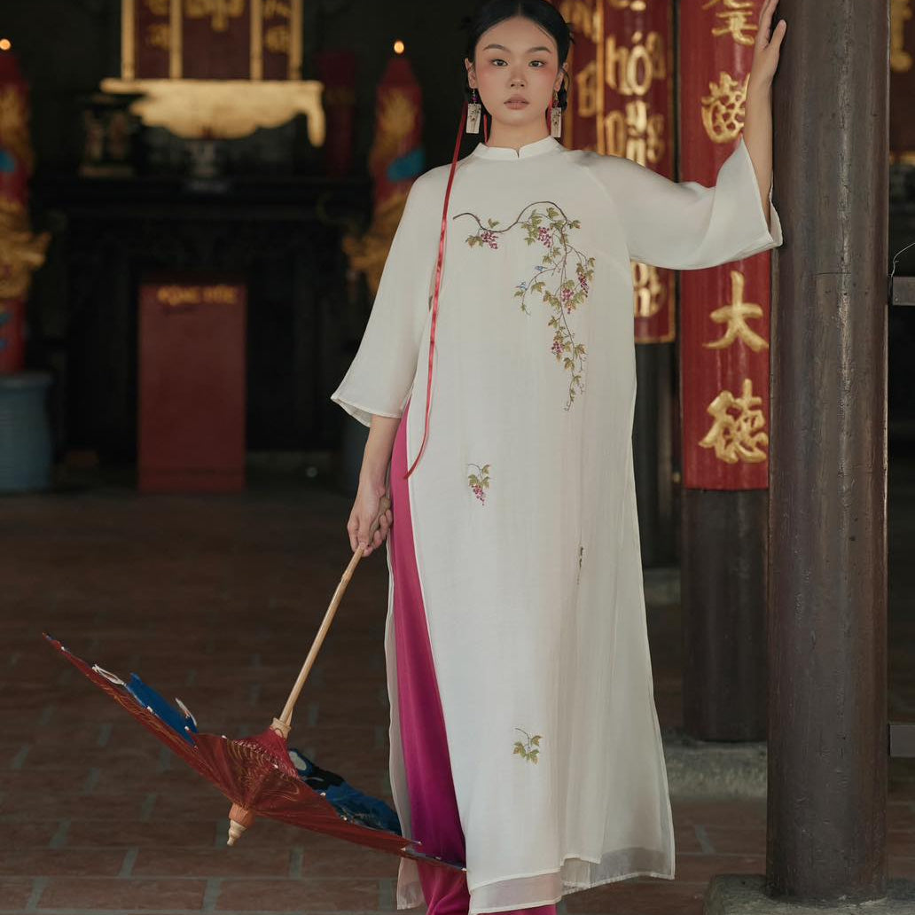 Tuong Van Ao Dai Set - Embroidered Chiffon in White / Purple Pants [Modern cut] - front view by Moc