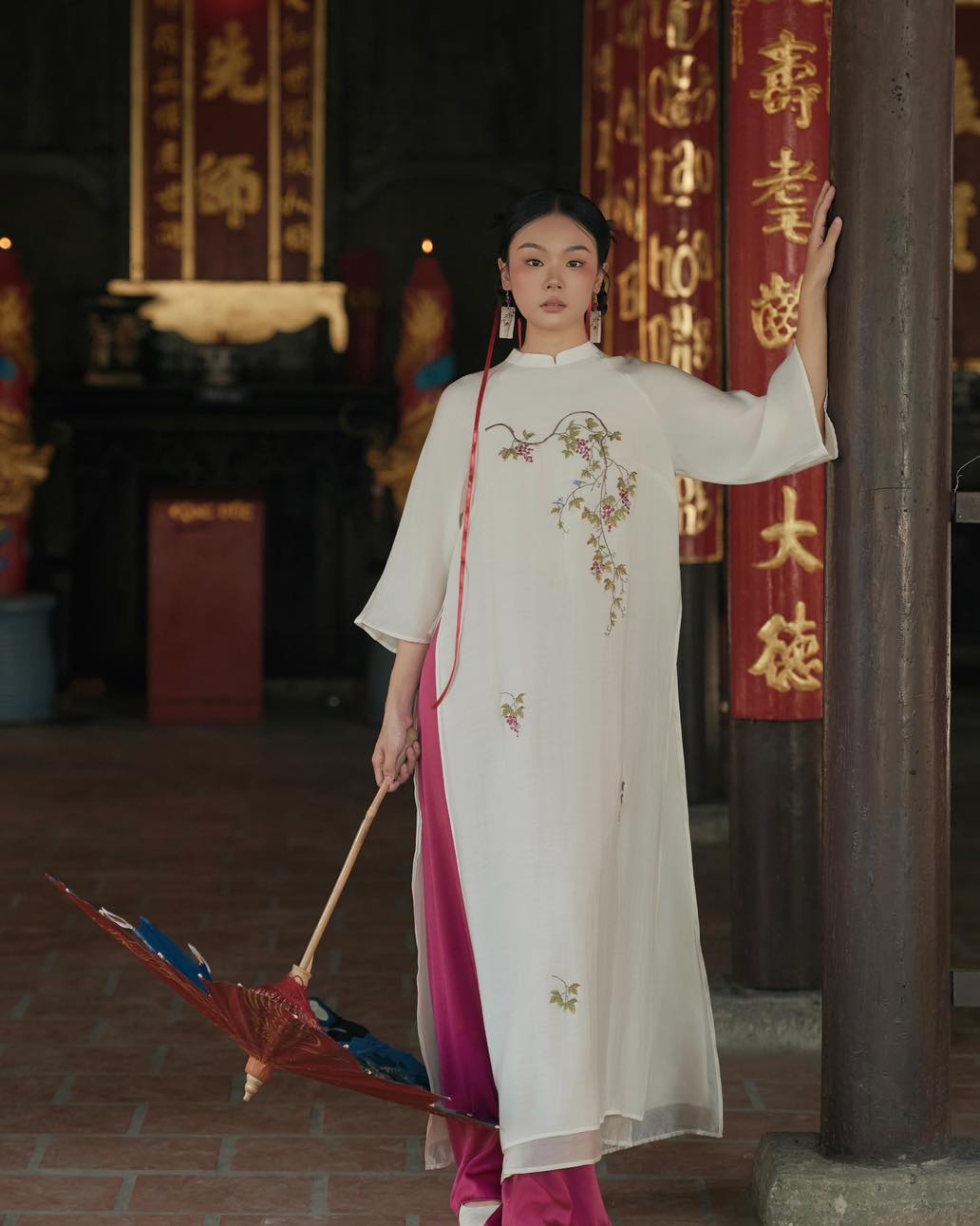 "Tuong Van" Ao Dai Set - Embroidered Chiffon in White / Purple Pants