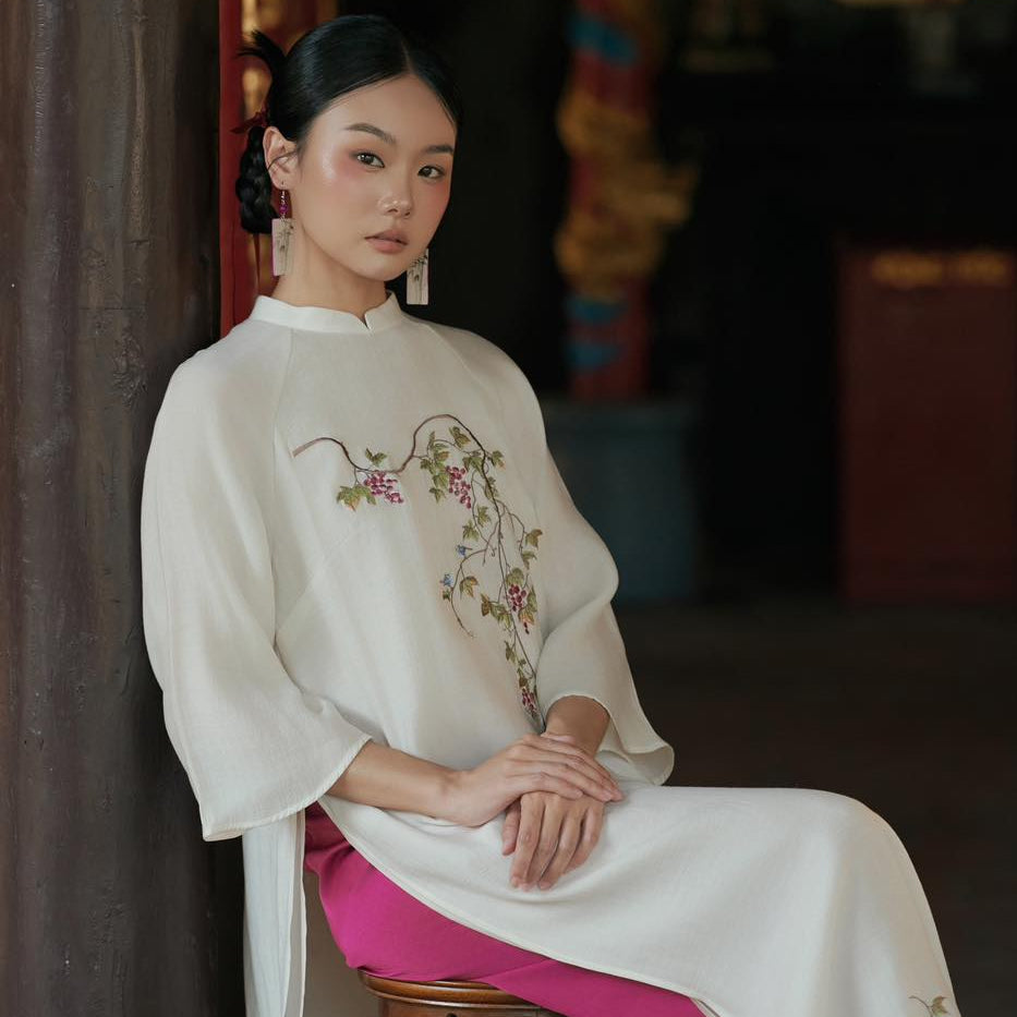 Tuong Van Ao Dai Set - Embroidered Chiffon in White / Purple Pants [Modern cut] - front view by Moc