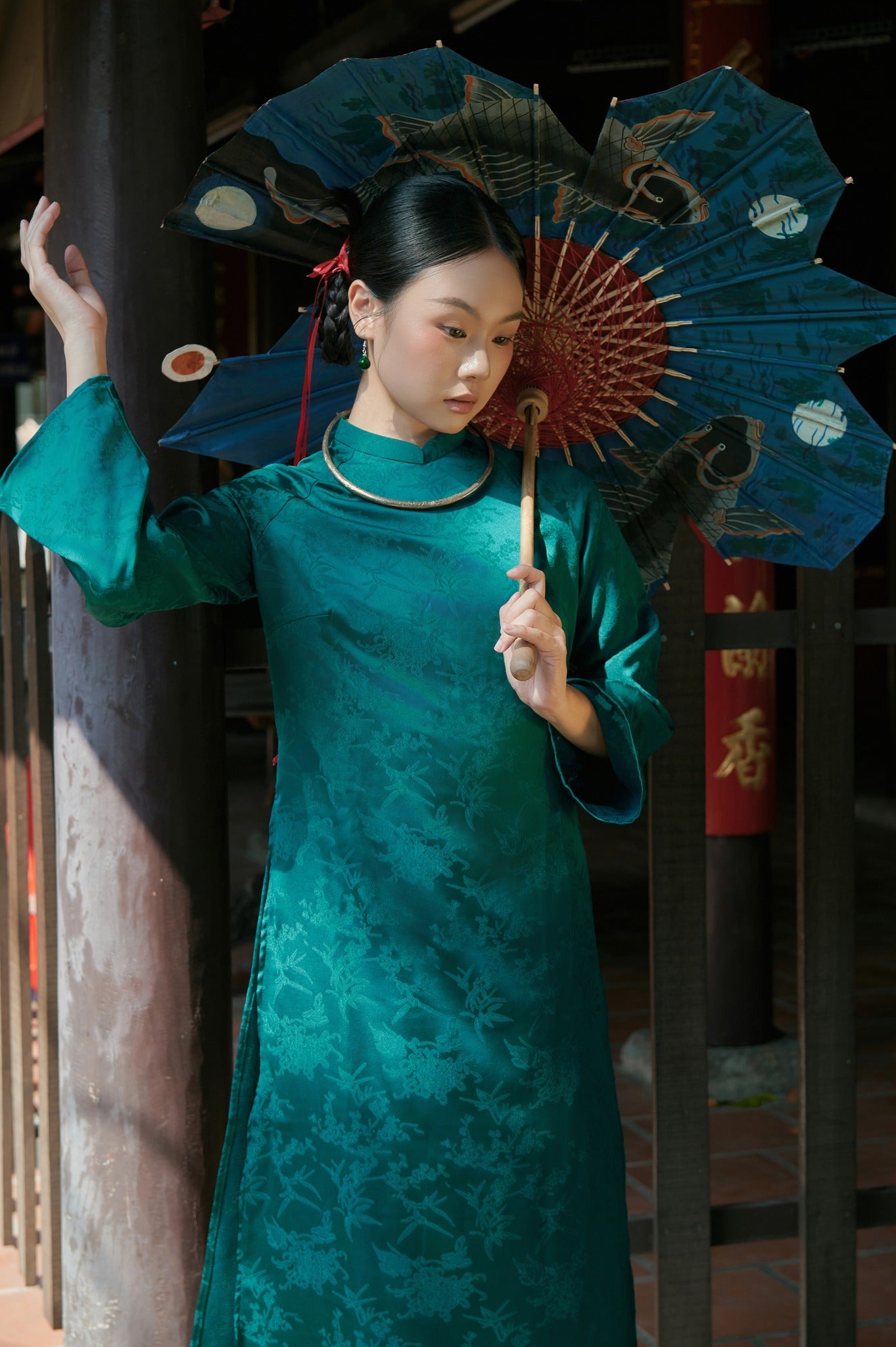 "Truc Khue Ao Dai set in Peacock, red jacquard, traditional Vietnamese dress by Moc"