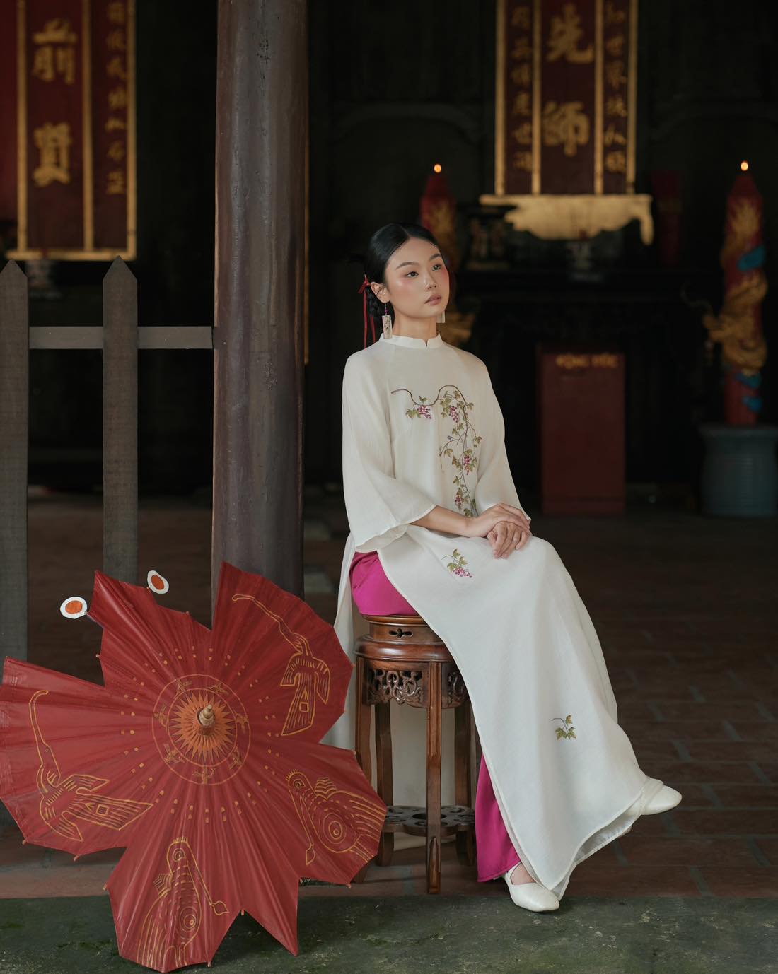 Tuong Van Ao Dai Set - Embroidered Chiffon in White / Purple Pants [Modern cut] - styled presentation by Moc