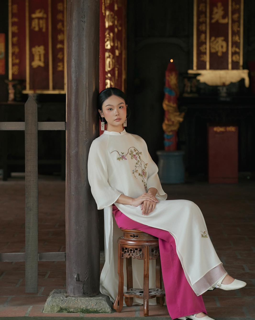 Tuong Van Ao Dai Set - Embroidered Chiffon in White / Purple Pants [Modern cut] - styled presentation by Moc