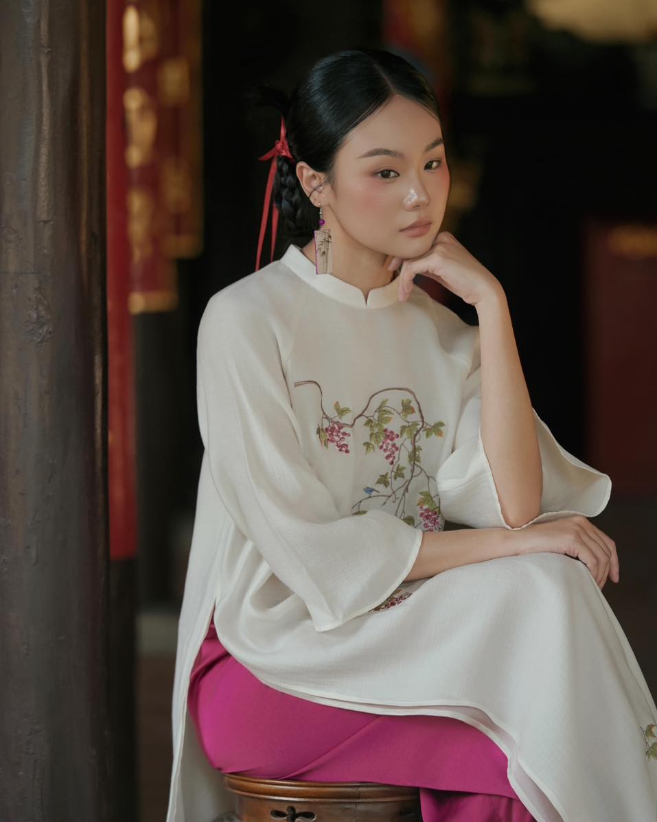 Tuong Van Ao Dai Set - Embroidered Chiffon in White / Purple Pants [Modern cut] - front view by Moc