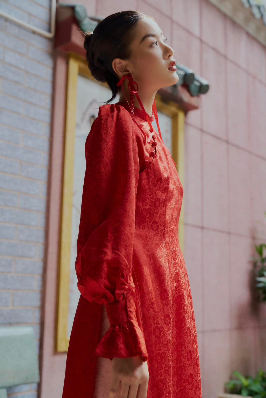 "Tang Bong Ao Dai Set in red silk with puff sleeves, traditional Vietnamese dress by SY Design."