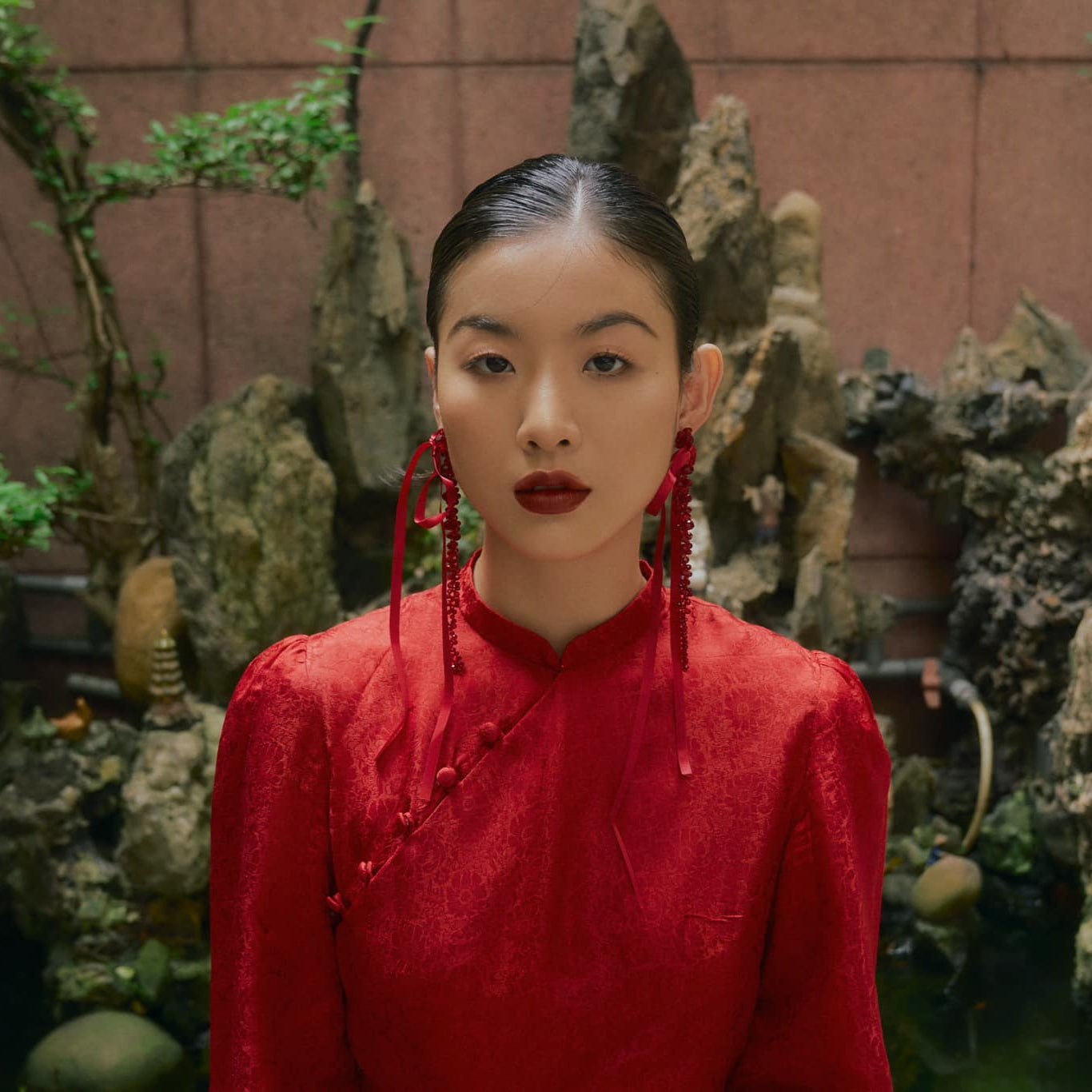 "Red Tang Bong Ao Dai set in 100% wormsilk with puff sleeves, floral jacquard pattern, traditional Vietnamese dress by SY Design."