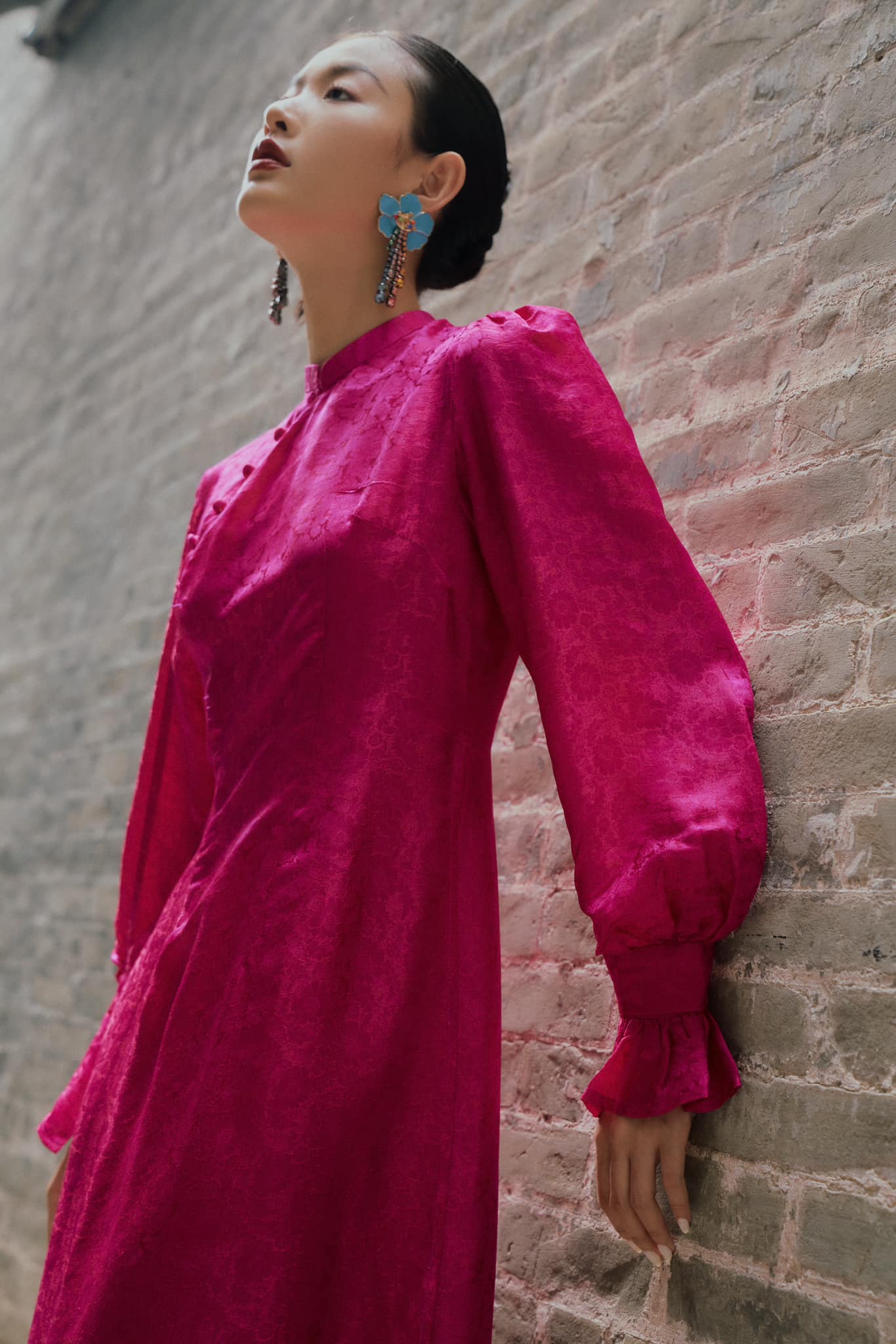 Vietnamese Ao Dai - Tang Bong Ao Dai Set - Wormsilk with Puff Sleeve - side profile in fuchsia by SY Design