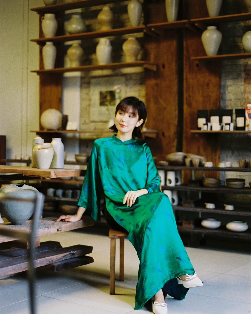"Green silkworm silk Lien Hoa Ao Dai set by Moc, traditional Vietnamese dress"