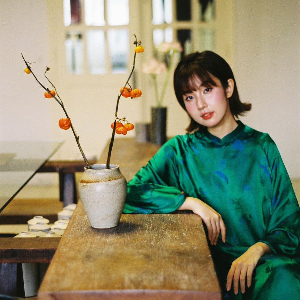 Vietnamese Ao Dai - Lien Hoa Ao Dai set - Silkworm Silk in Green [Traditional cut] - styled presentation in green by Moc