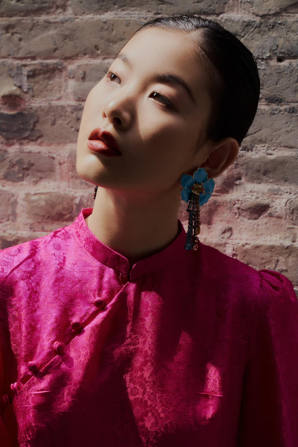 Vietnamese Ao Dai - Tang Bong Ao Dai Set - Wormsilk with Puff Sleeve - side profile in brocade in pink by SY Design