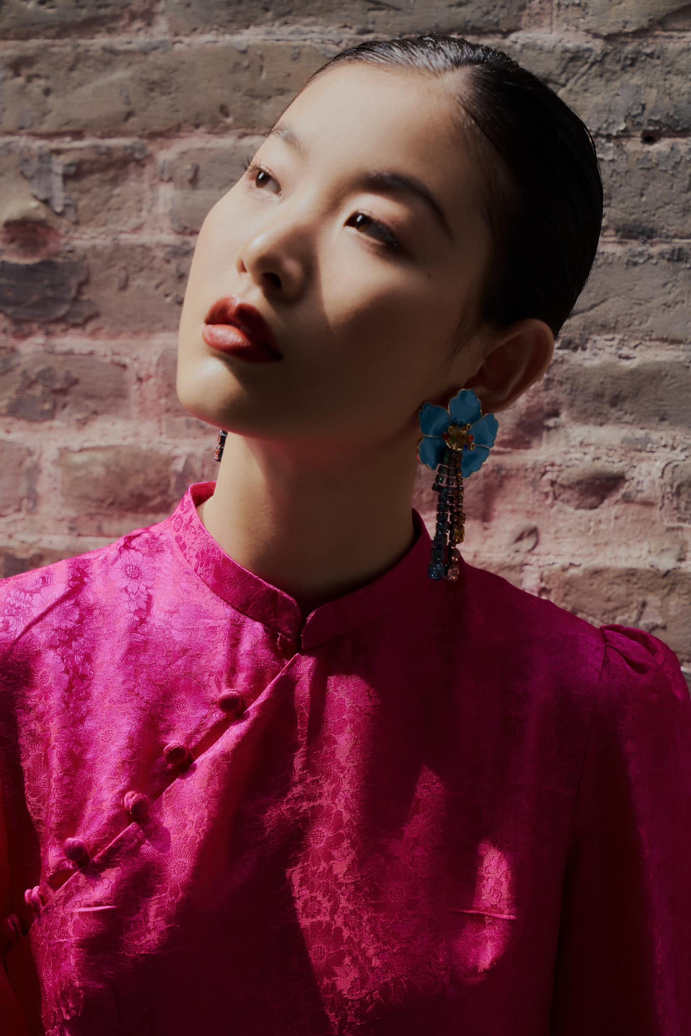 Vietnamese Ao Dai - Tang Bong Ao Dai Set - Wormsilk with Puff Sleeve - side profile in brocade in pink by SY Design