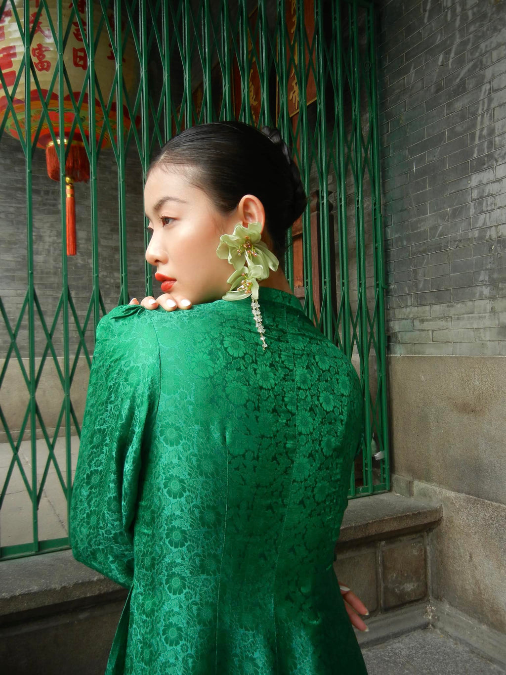 Vietnamese Ao Dai - Tang Bong Ao Dai Set - Wormsilk with Puff Sleeve - back view in brocade in green by SY Design